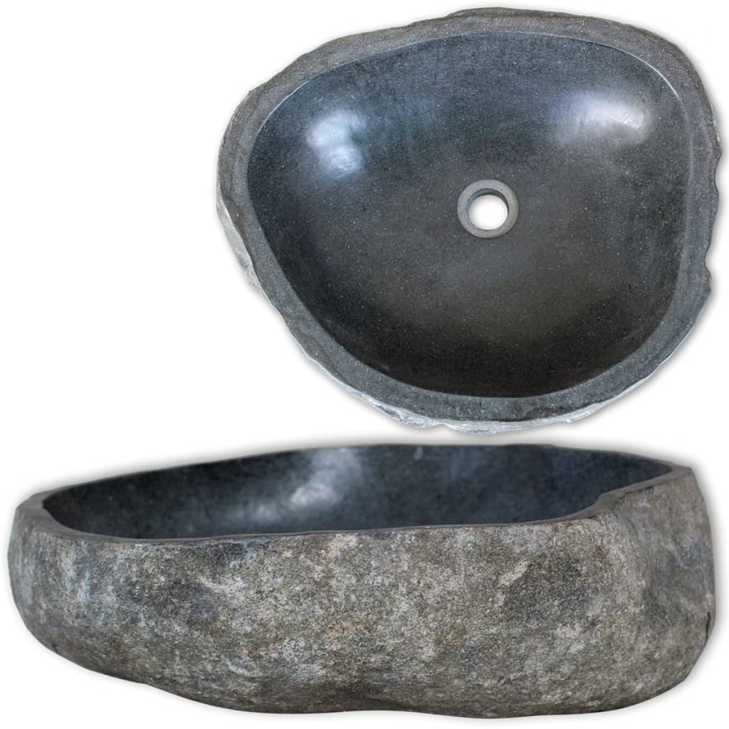 vidaXL Wash Basin Small Wash Sink Bathroom Basin Natural River Stone Oval-2