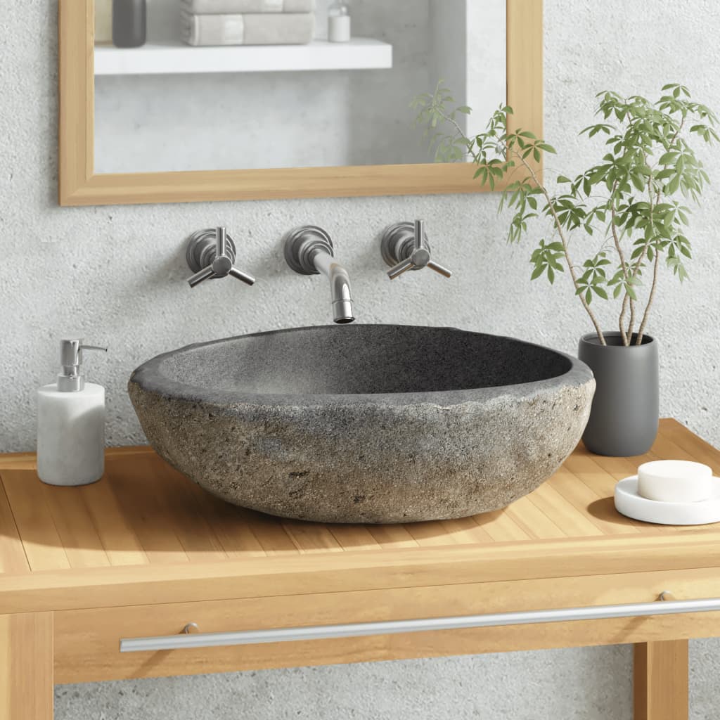 vidaXL Wash Basin Small Wash Sink Bathroom Basin Natural River Stone Oval-5